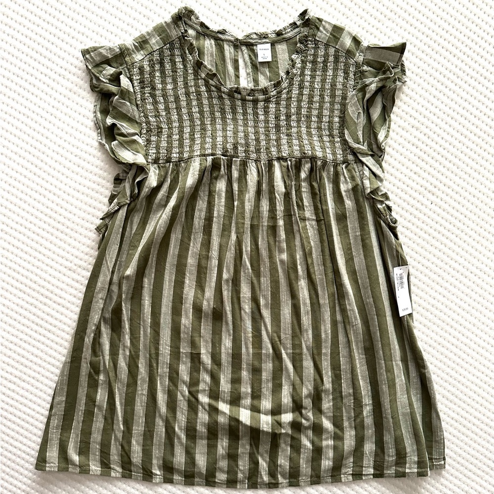 Olive Green Cotton/Rayon Striped Smocked, Cap Sleeve Top (Old Navy), NWT